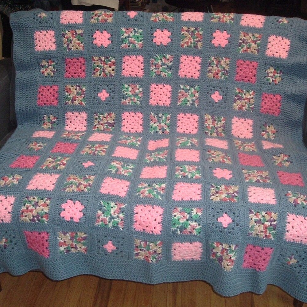 Vintage Hand Crocheted Granny Square Afghan Blanket Cottagecore Blue 52” X 60”